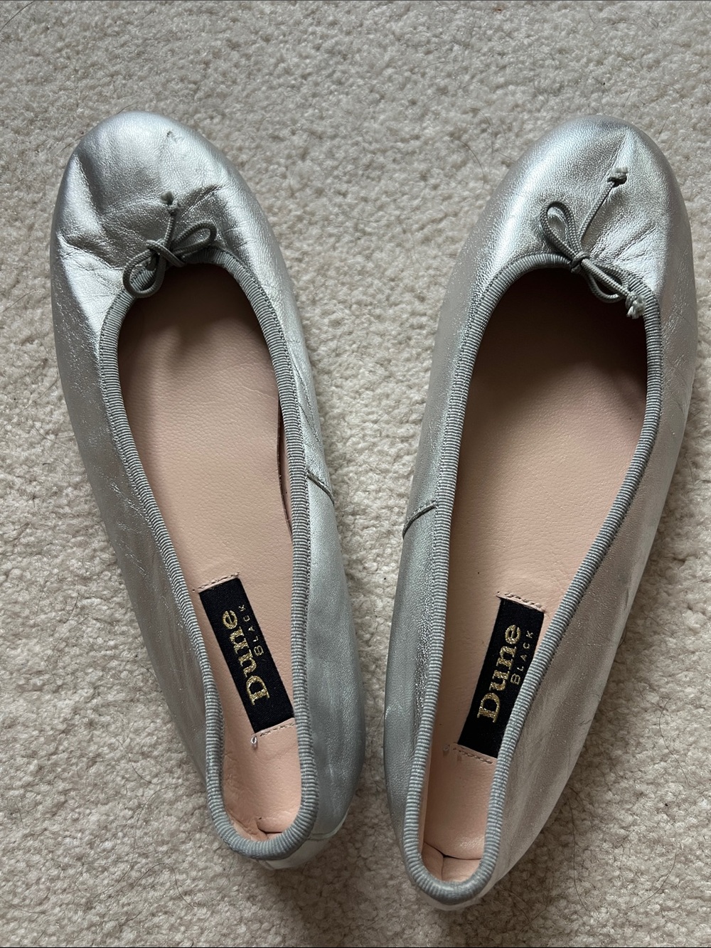 Dune London “Hallo” Black Label Metallic Silver Leather Ballet Flats - US 9 / 40